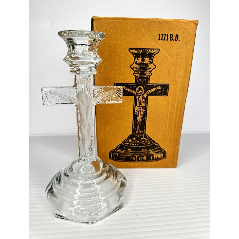 Home Interiors & Gifts Clear Glass Cross Jesus Crucifix Candle Holder 7" Boxed